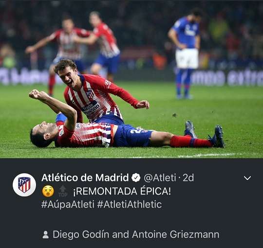 라리가 12라운드 아틀레틱 빌바오전에서 극적인 결승골을 넣고 기뻐하는 아틀레티코 마드리드 선수 고딘과 그리즈만. 사진 출처=아틀레티코마드리드 트위터