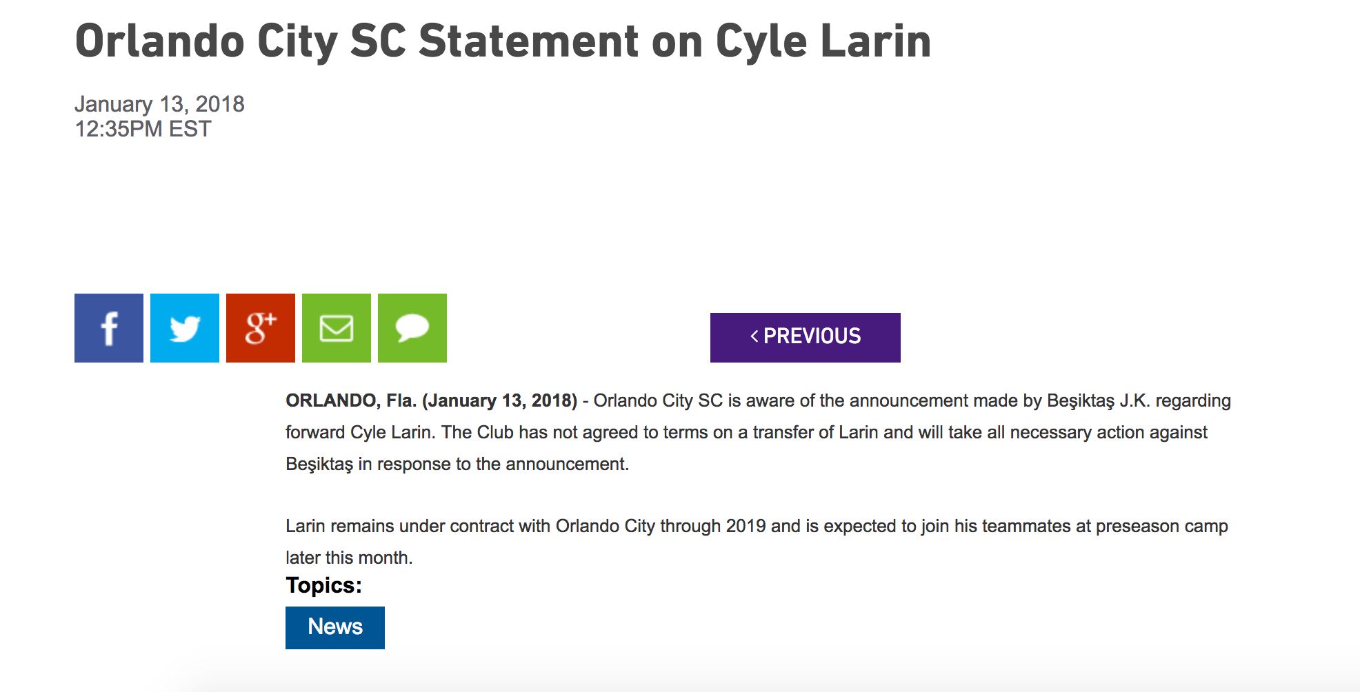 Orlando City statement on Cyle Larin