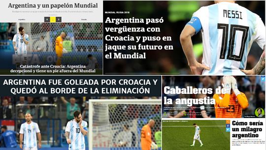 아르헨티나 언론 '클라린', '라 나시온', '올레', '디아리오 포풀라르'(왼쪽 위부터 시계방향)가 아르헨티나 축구 국가대표팀 기사에 실은 사진. 사진출처=스페인 매체 문도 데포르티보