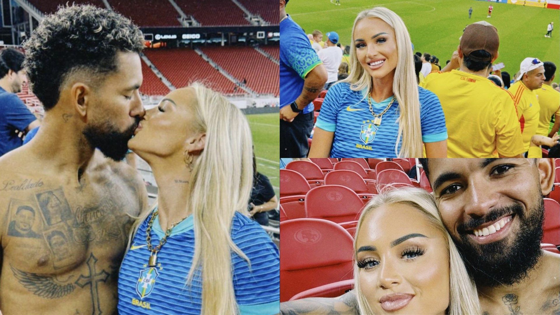Douglas Luiz kisses Alisha Lehmann in stands after Brazil's Copa America  draw with Colombia as Juventus new boy thanks girlfriend and Aston Villa  women's star for 'best support' | Goal.com UK