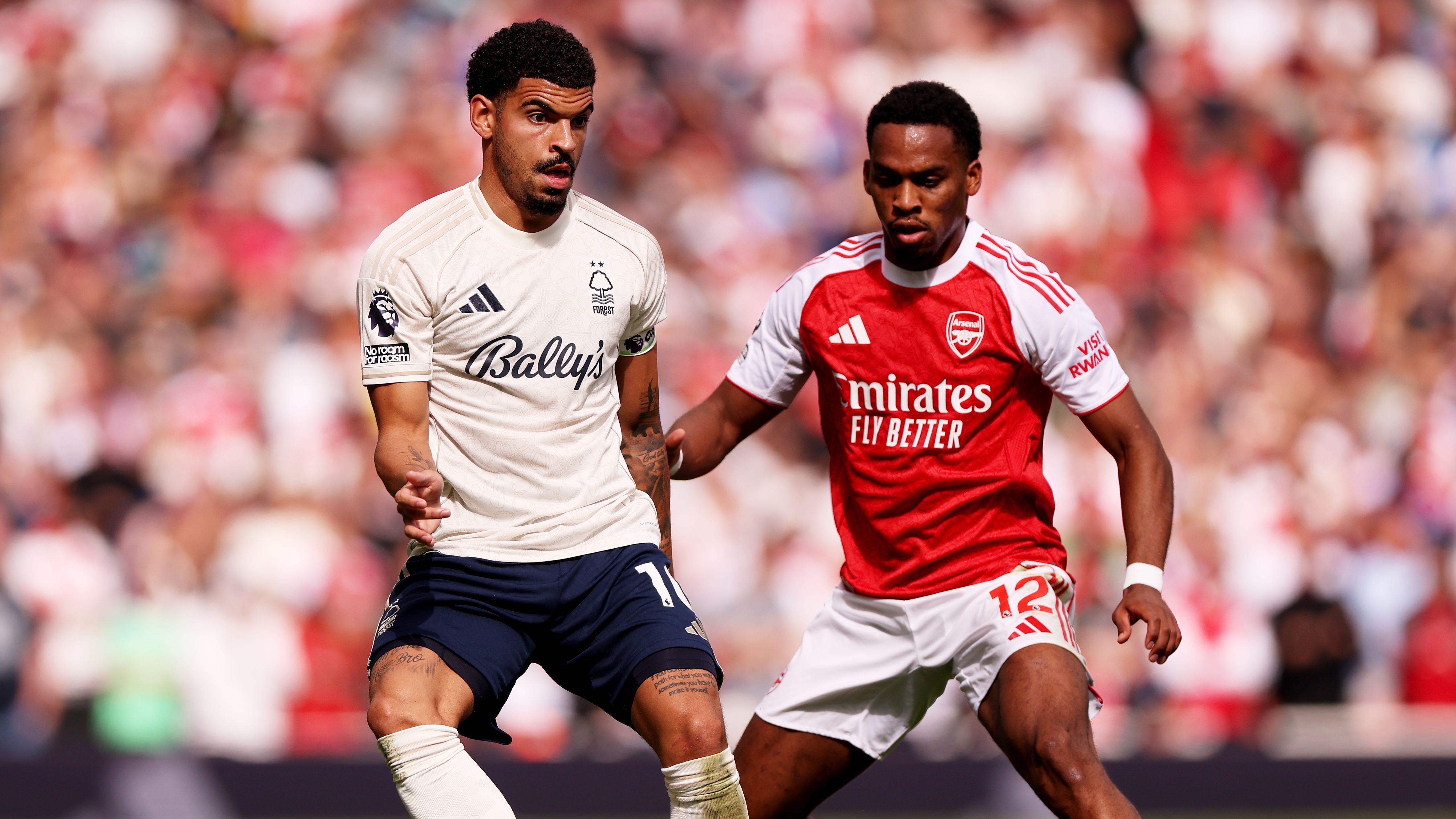 Morgan Gibbs-White Jurrien Timber Arsenal v Nottingham Forest - Premier League