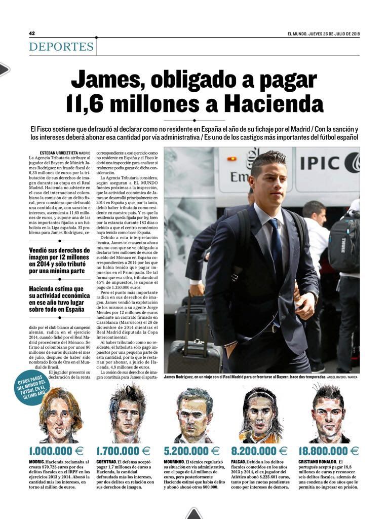 Deportes Newspaper James Rodriguez tax evasion