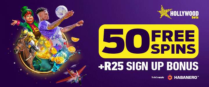 Hollywoodbets R25 + 50 FS GIF Banner