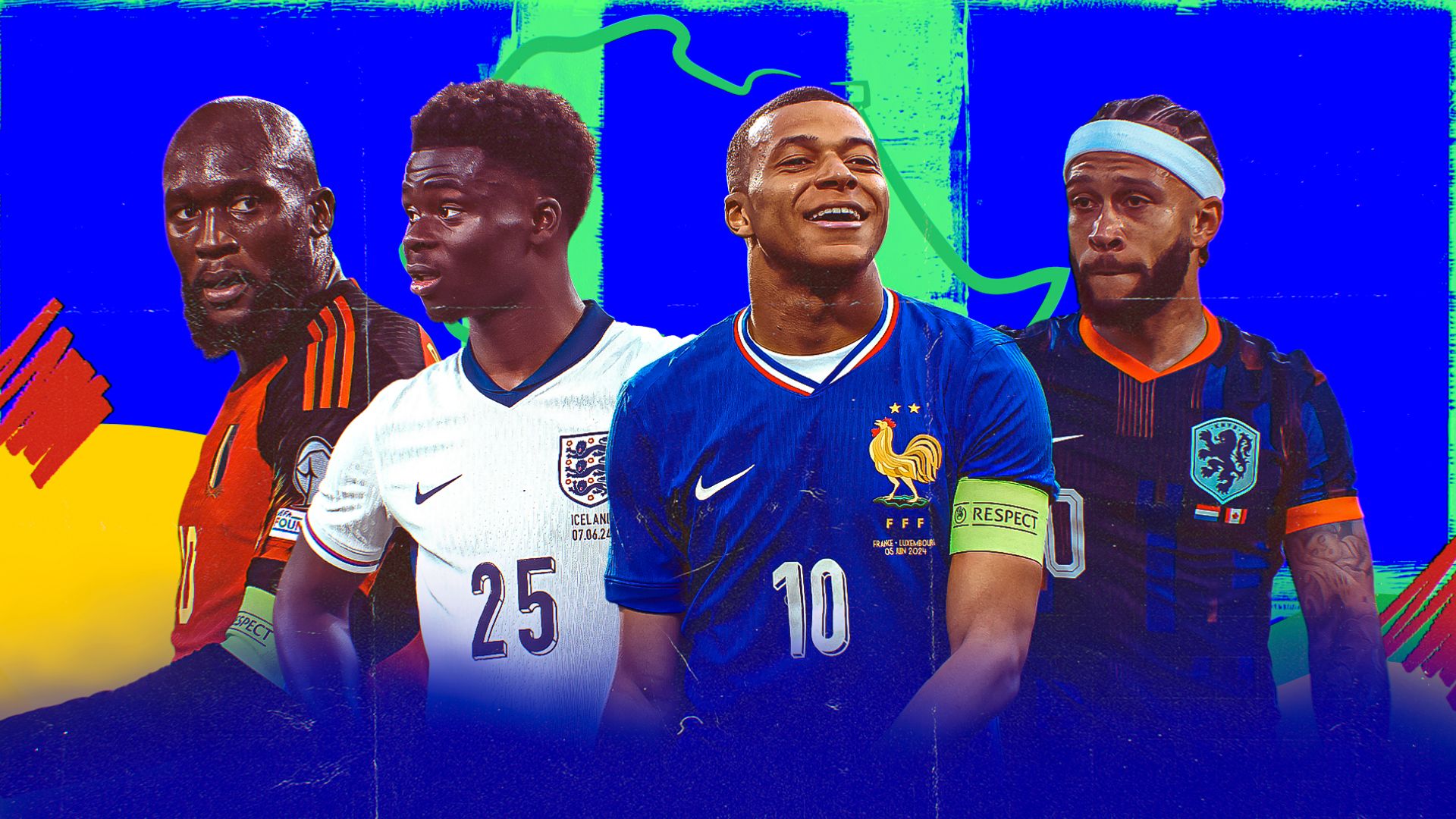 Kylian Mbappe (France), Bukayo Saka (England), Memphis Depay (Netherlands) and Romelu Lukaku (Belgium)