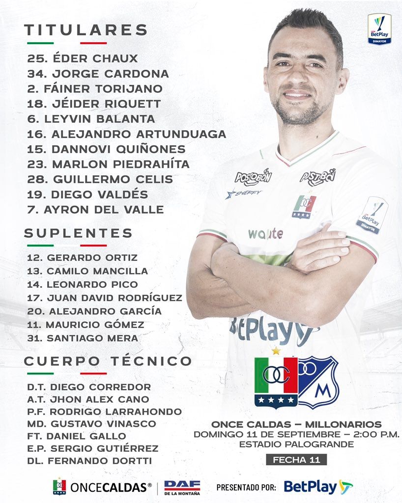 Nómina Once Caldas Millonarios Fecha 11 Liga BetPlay 2022