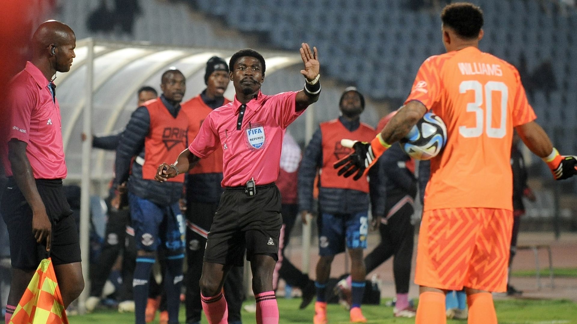 Sundowns keeper Ronwen Williams and Jelly Chavani. April 2024. 