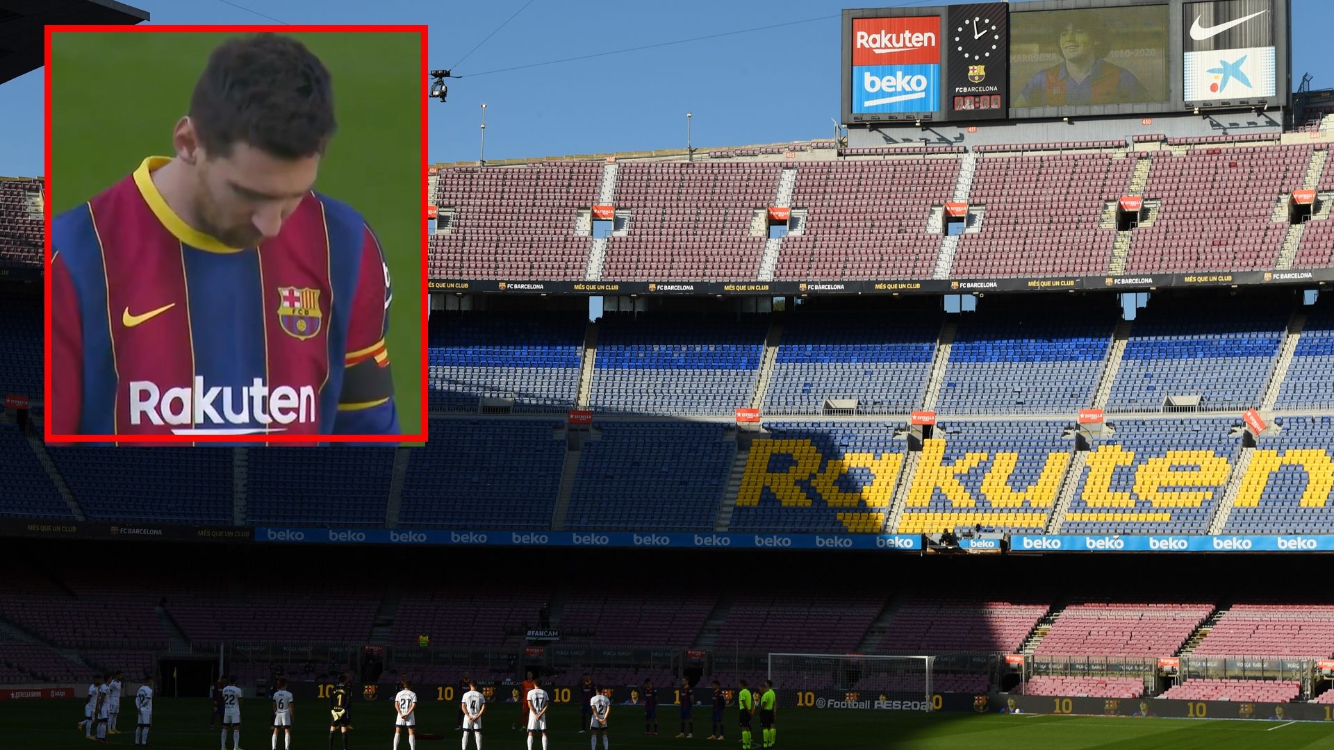 Messi, en el homenaje a Maradona en el Camp Nou antes del Barcelona vs. Osasuna