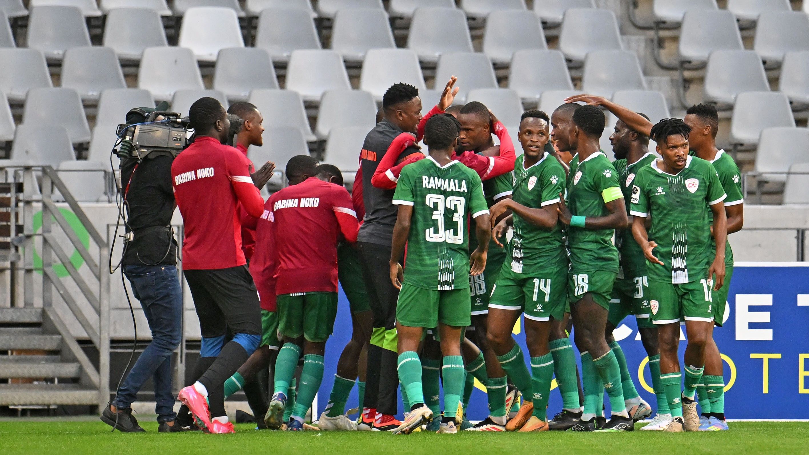 Sekhukhune United players celebrate a goal by Katlego Otlandisa against Cape Town City