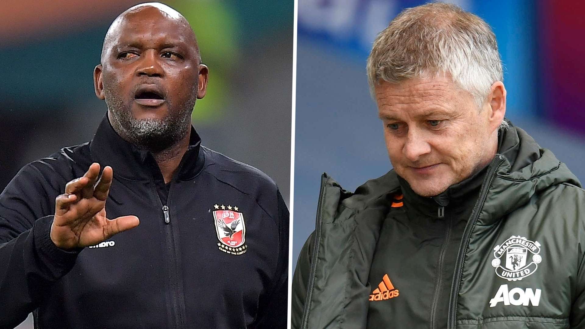 Pitso Mosimane of Al Ahly and Ole Gunnar Solskjaer of Manchester United.