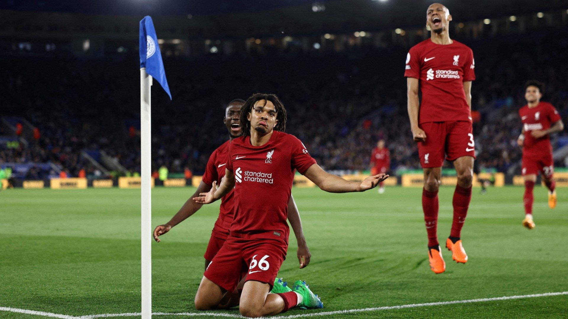 Alexander-Arnold celebrates his Liverpool goal versus Leicester