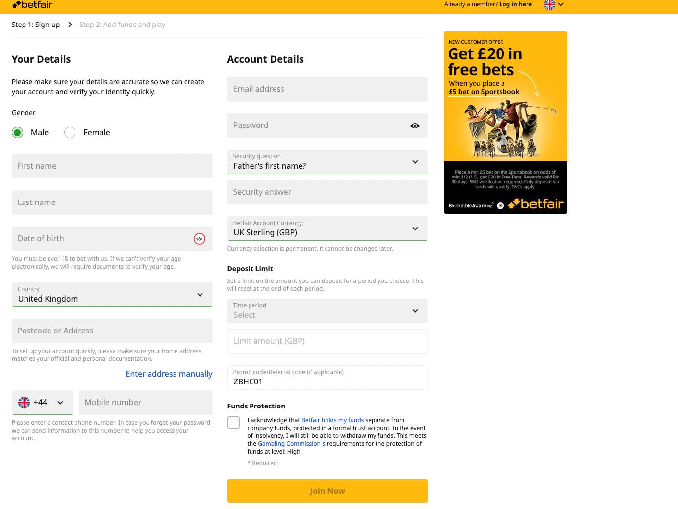 Betfair Sign Up Page 