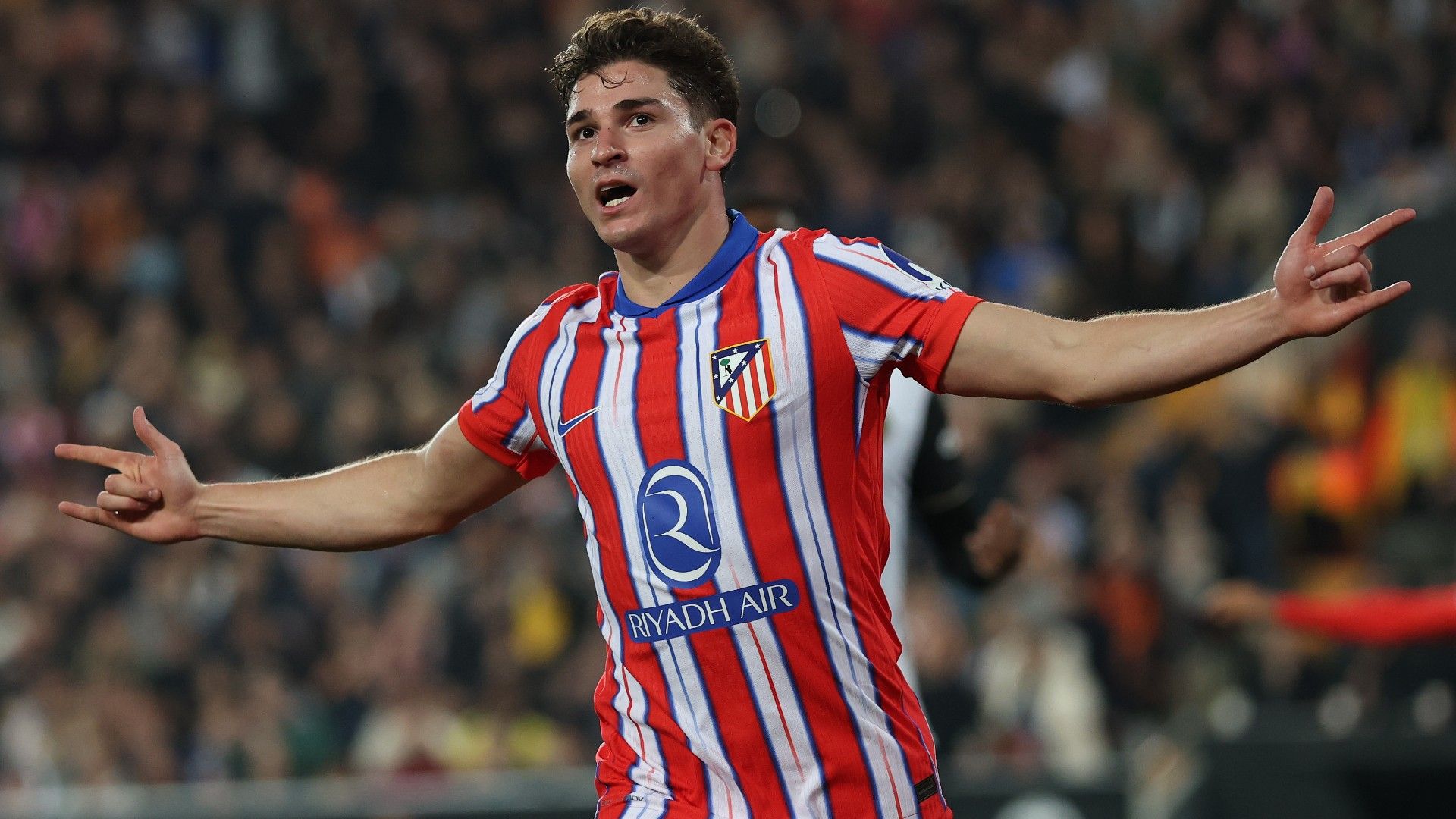 Julian Alvarez of Atletico de Madrid celebrates scoring 