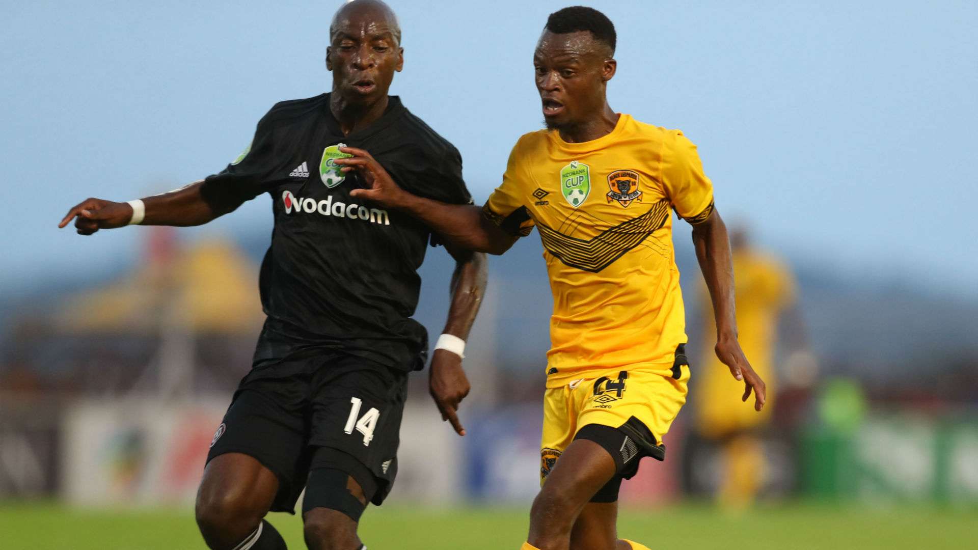 Ivan Mahangwahaya of Black Leopards challenged by Musa Nyatama of Orlando Pirates during the 2019 Nedbank Cup match