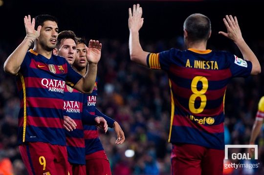 과거 바르셀로나의 공격 삼각편대 MSN라인(메시-수아레스-네이마르)과 주장 이니에스타의 모습. 사진=게티이미지