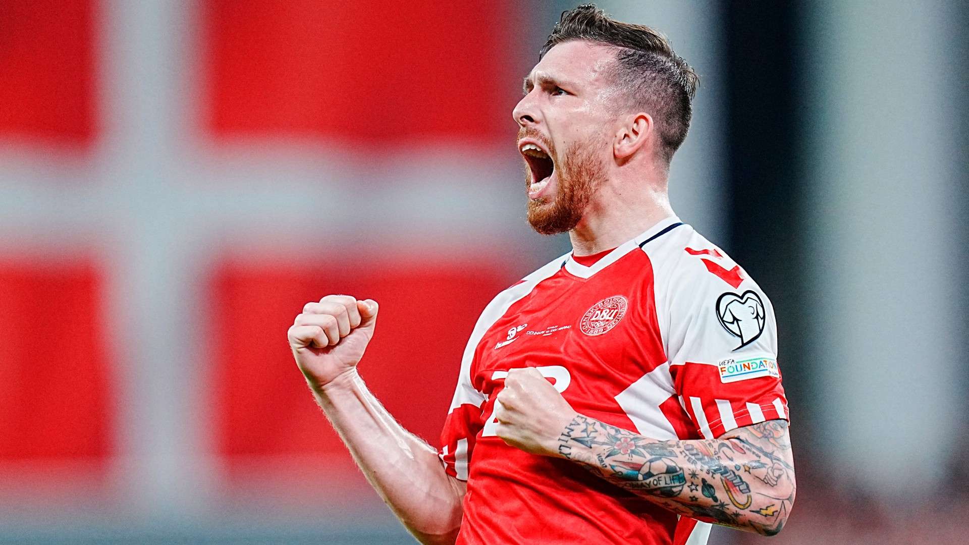 Denmark's midfielder #23 Pierre Hojbjerg celebrates
