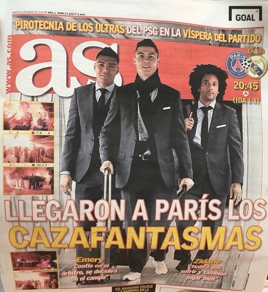 6일(현지시간) 스페인 신문 아스 1면을 장식한 레알 마드리드 선수단의 파리 도착 소식. 카세미루, 호날두, 마르셀루(왼쪽부터). 사진=골닷컴 이하영 에디터