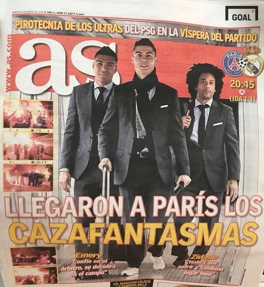 6일(현지시간) 스페인 신문 아스 1면을 장식한 레알 마드리드 선수단의 파리 도착 소식. 카세미루, 호날두, 마르셀루(왼쪽부터). 사진=골닷컴 이하영 에디터