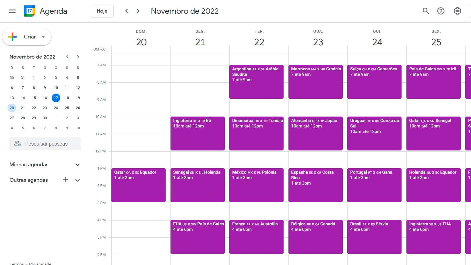 Tabela Copa 2022 Google calendar