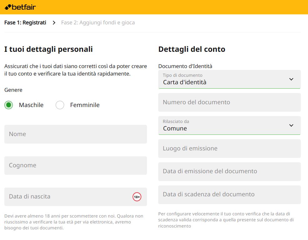 modulo registrazione betfair