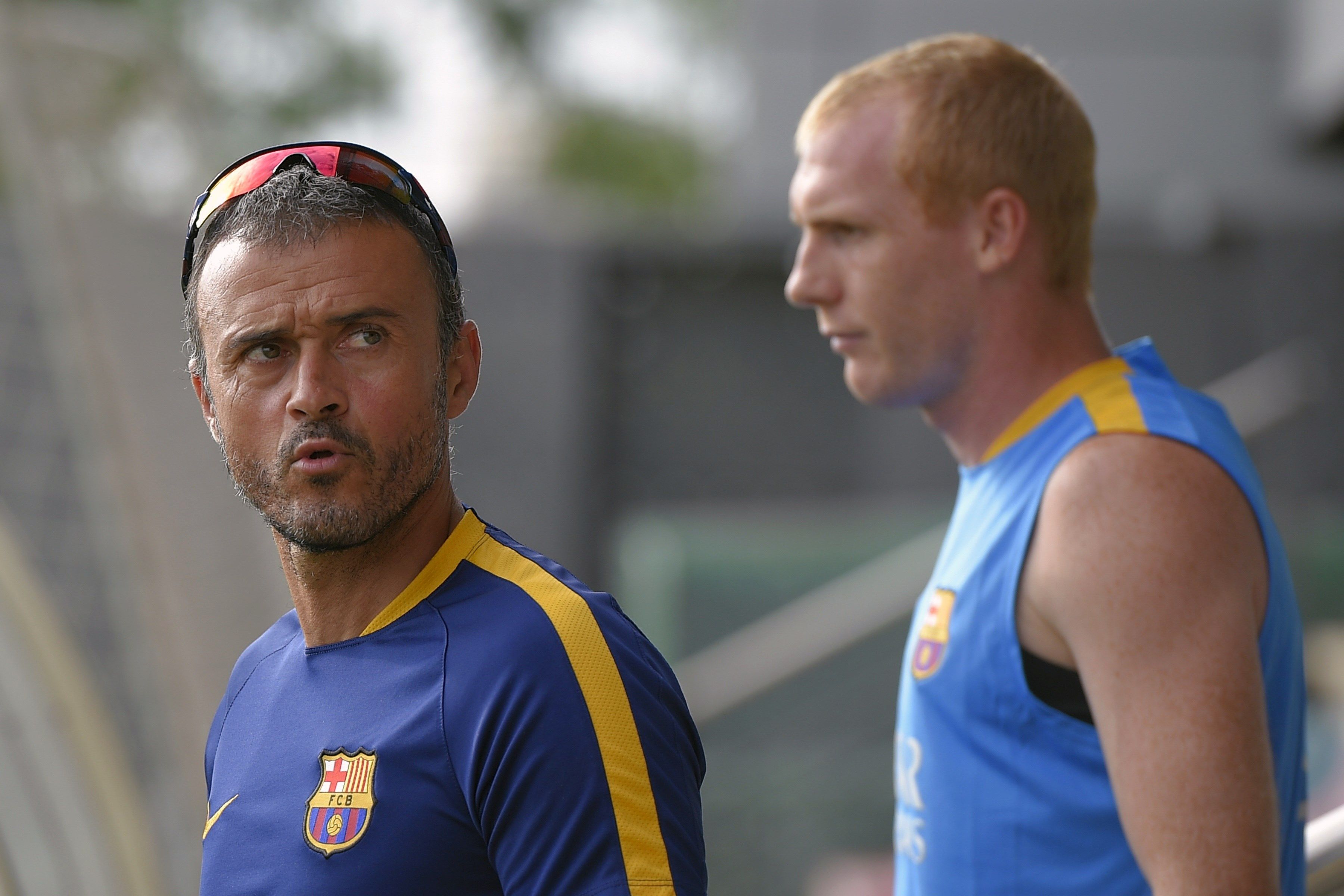 Luis Enrique y Mathieu, entrenamiento del 31/7/2015 en la Ciudad Deportiva de Barcelona