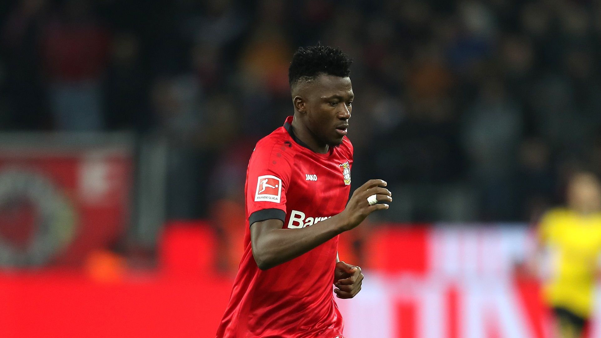 Edmond Tapsoba of Bayer Leverkusen during a Bundesliga match between Bayer Leverkusen and Borussia Dortmund at BayArena on February 08, 2020
