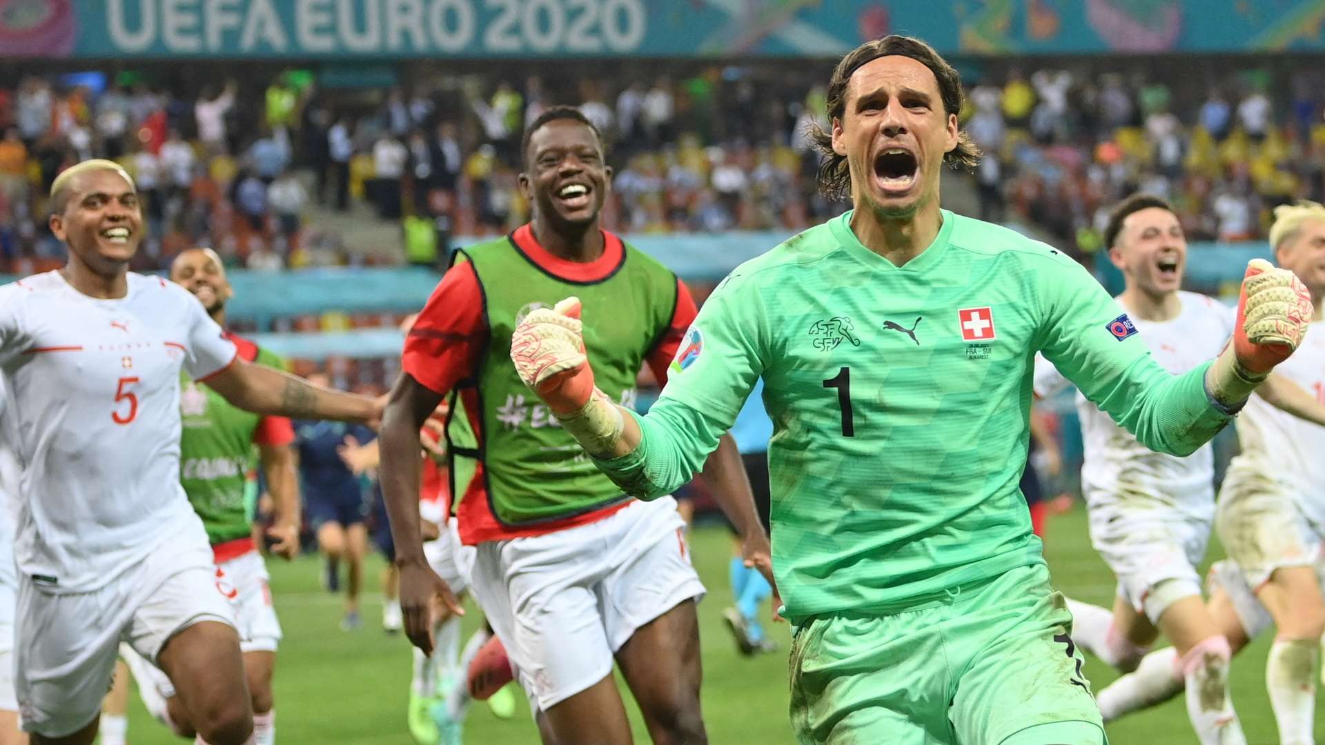 Switzerland celebrate Yann Sommer saving Mbappe penalty vs France, Euro 2020