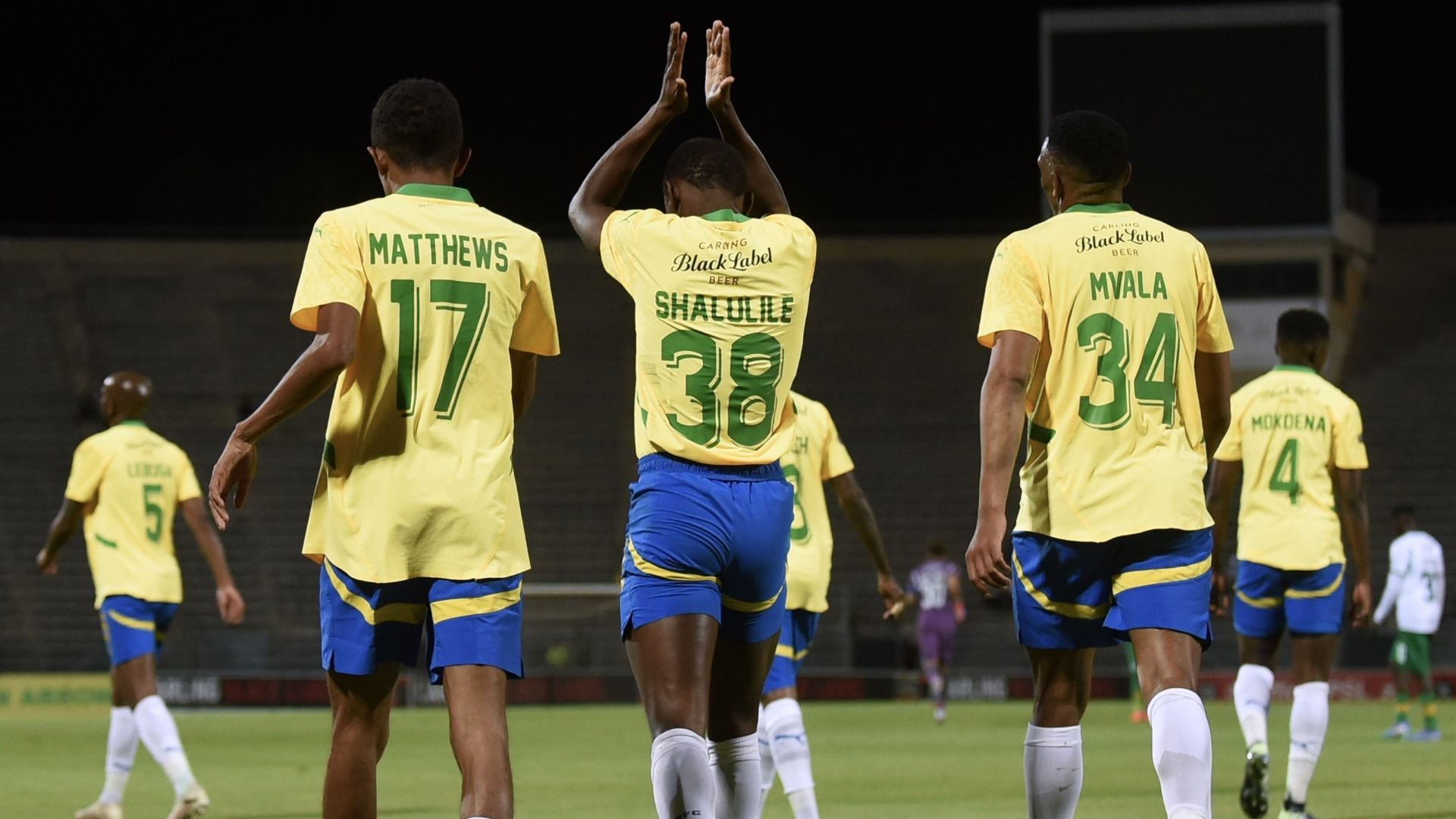 Tashreeq Matthews, Peter Shalulile and Mothobi Mvala of Mamelodi Sundowns
