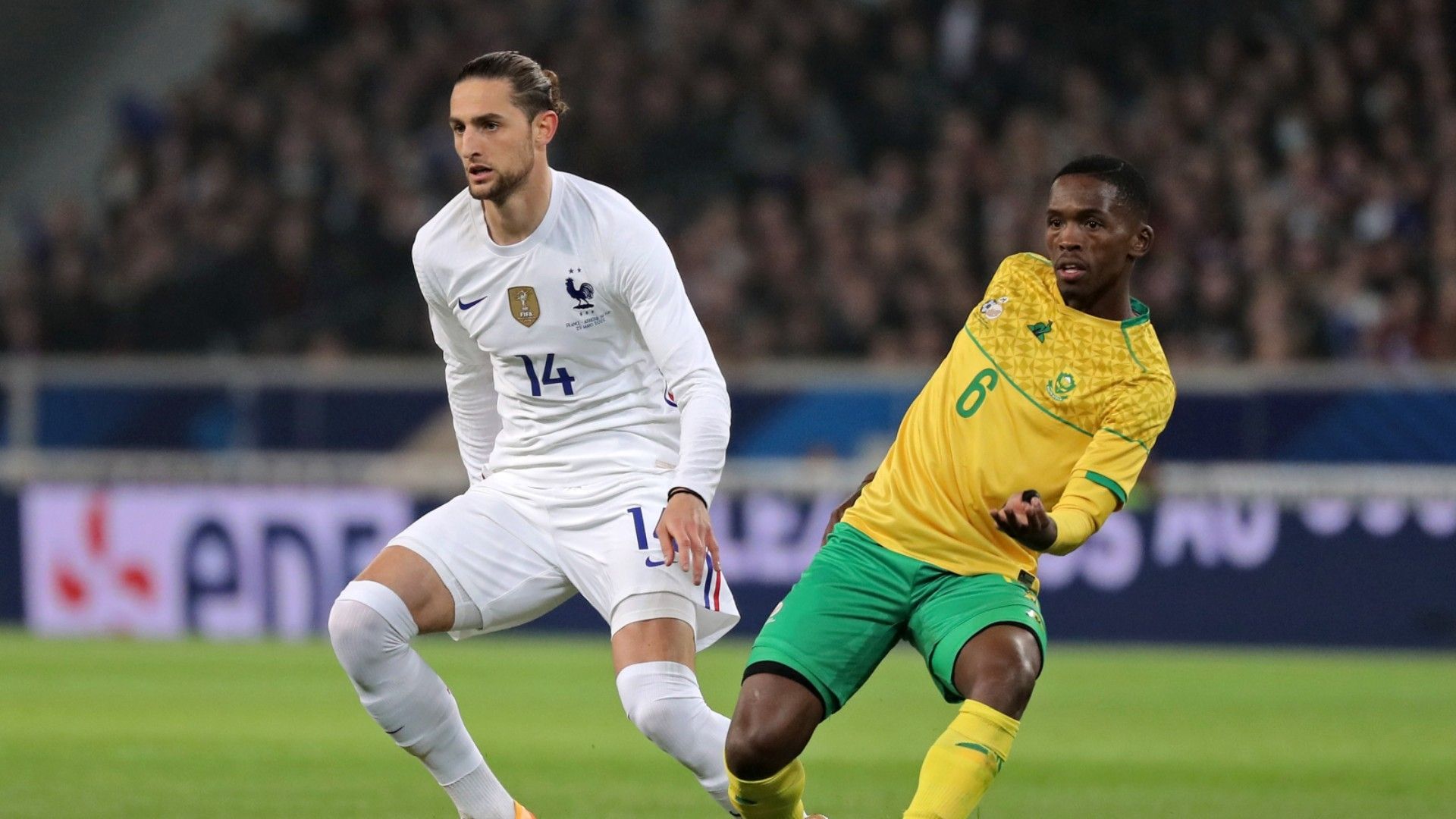 France's Adrien Rabiot in action against Bafana Bafana's Thabang Monare, March 2022