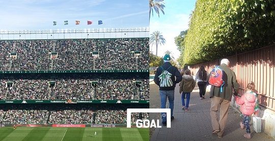 베티스 홈구장 내부에 적혀있는 문구(좌)와 경기장 주변에서 만난 베티스 팬들의 모습(우). 사진=이하영 기자