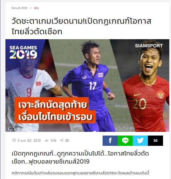 SiamSport article on Vietnam vs Thailand - SEA Games 30