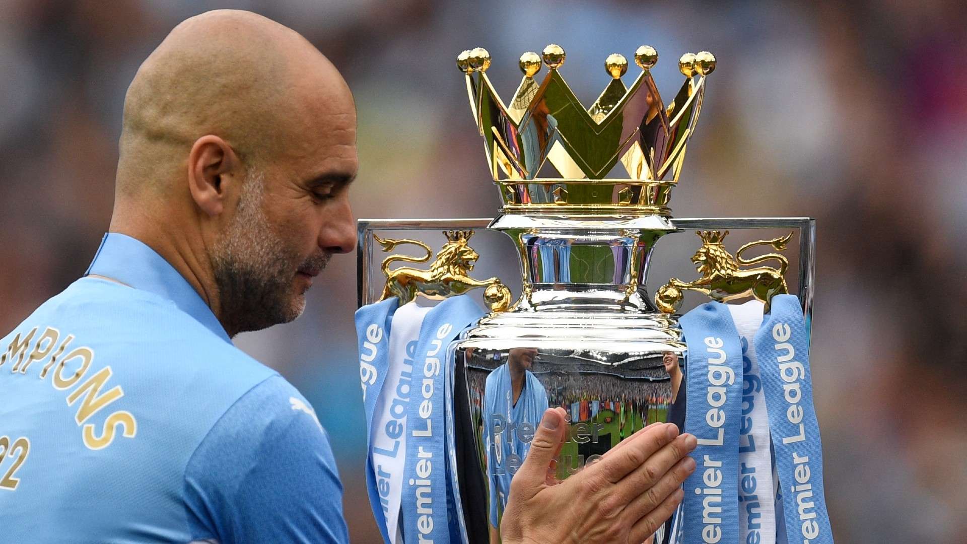 Pep Guardiola Premier League trophy Manchester City