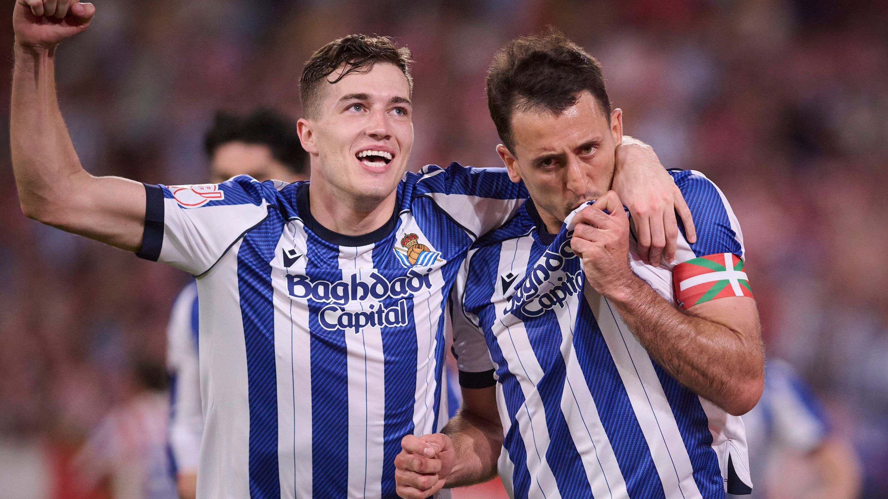 Real Sociedad s Mikel Oyarzabal (r) and Luka Sucic celebrate goal during Spanish King s Cup Final match. April 18, 2026. (20260418112)