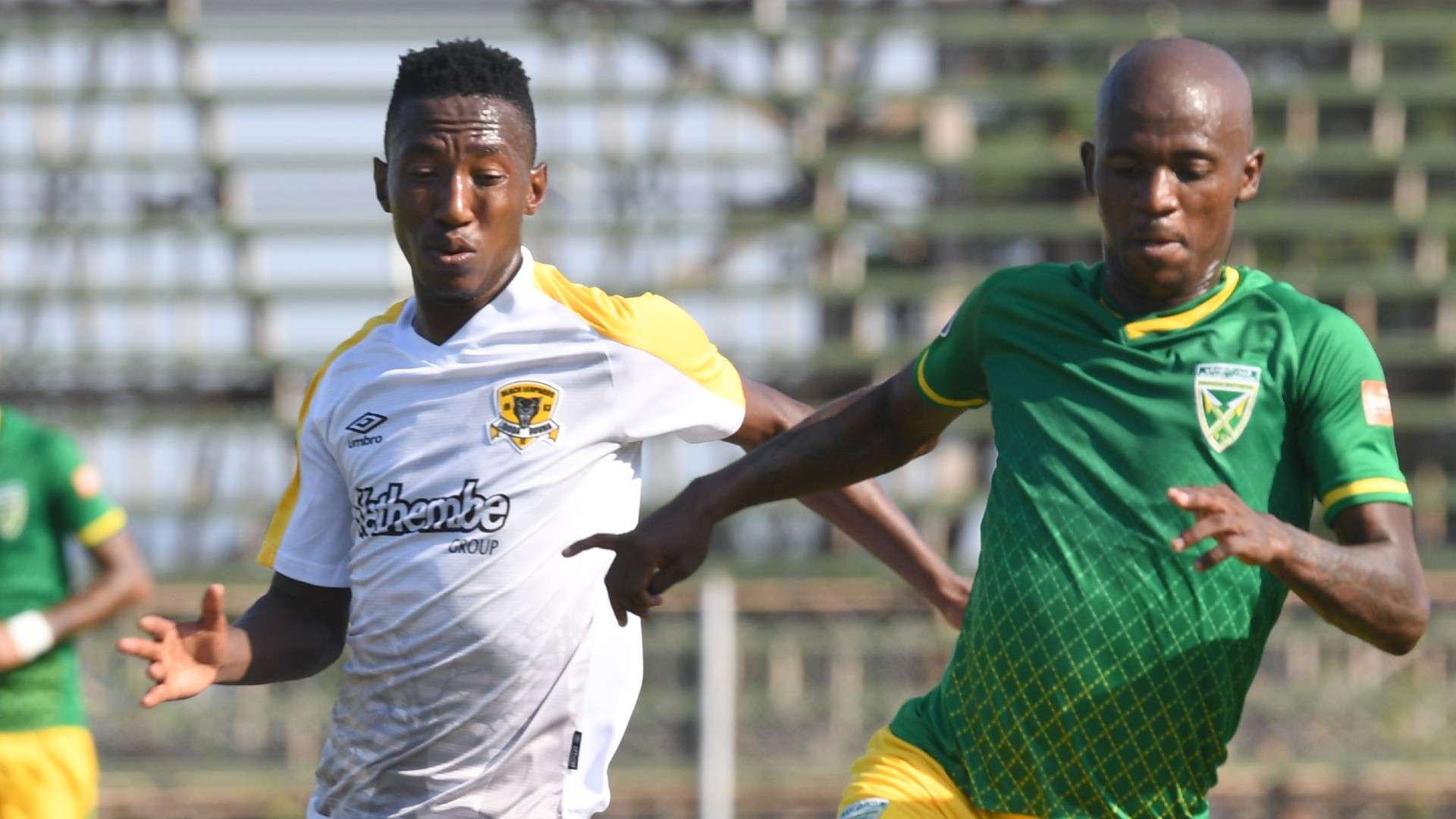 Nduduzo Sibiya of Golden Arrows challenged by Tumelo Khutlang of Black Leopards, March 2021