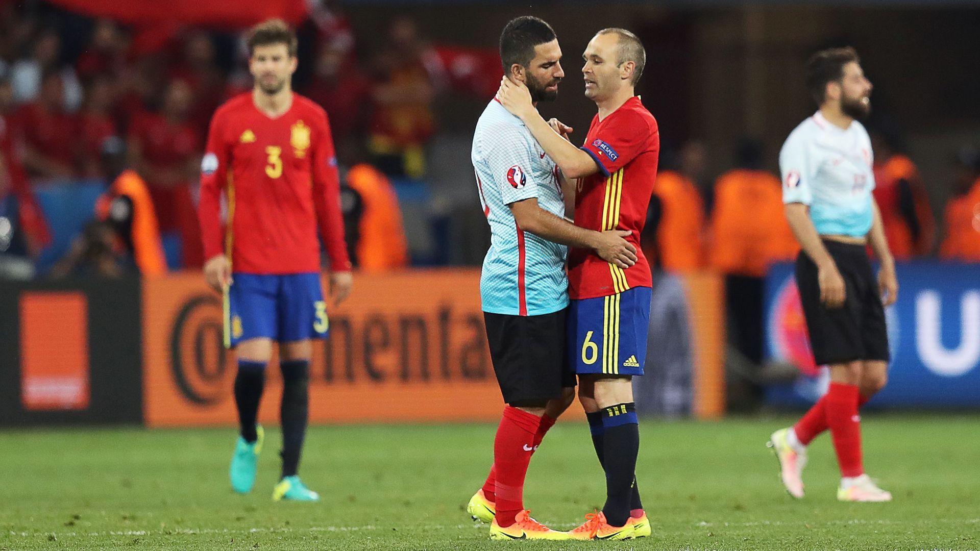 Arda Turan Andres Iniesta Turkey Spain Euro 2016 06172016