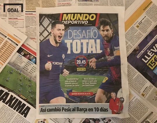 20일(현지시간) 스페인 신문 문도 데포르티보 1면에 소개된 첼시 아자르와 바르사 메시의 대결. 사진=골닷컴 이하영 에디터