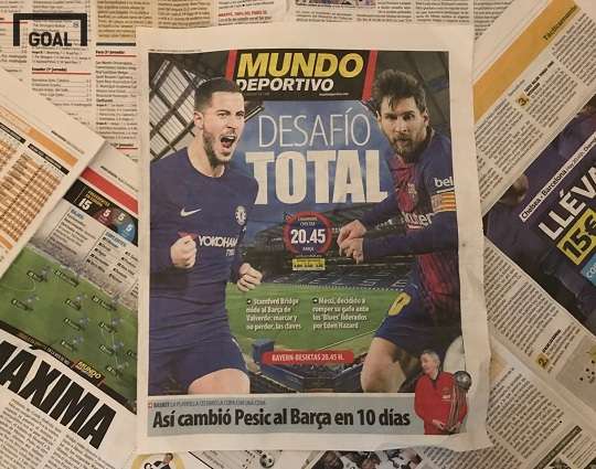 20일(현지시간) 스페인 신문 문도 데포르티보 1면에 소개된 첼시 아자르와 바르사 메시의 대결. 사진=골닷컴 이하영 에디터
