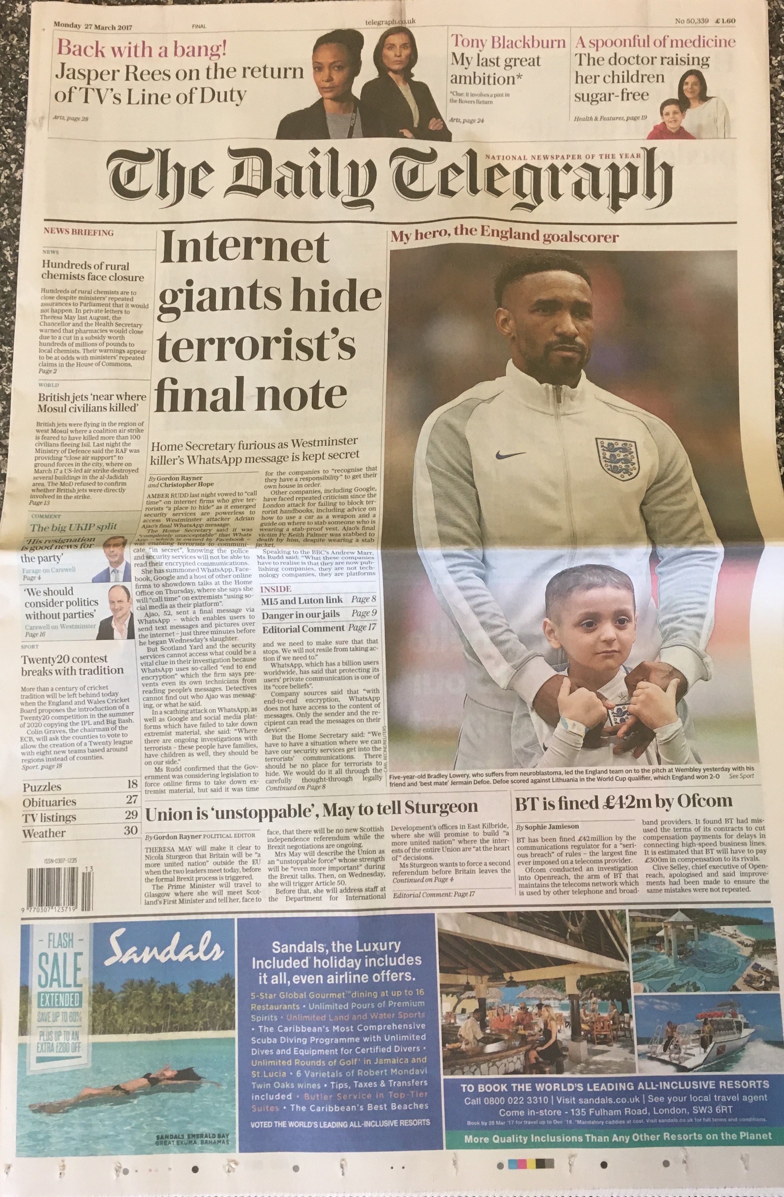 3월 27일 영국 신문 백페이지