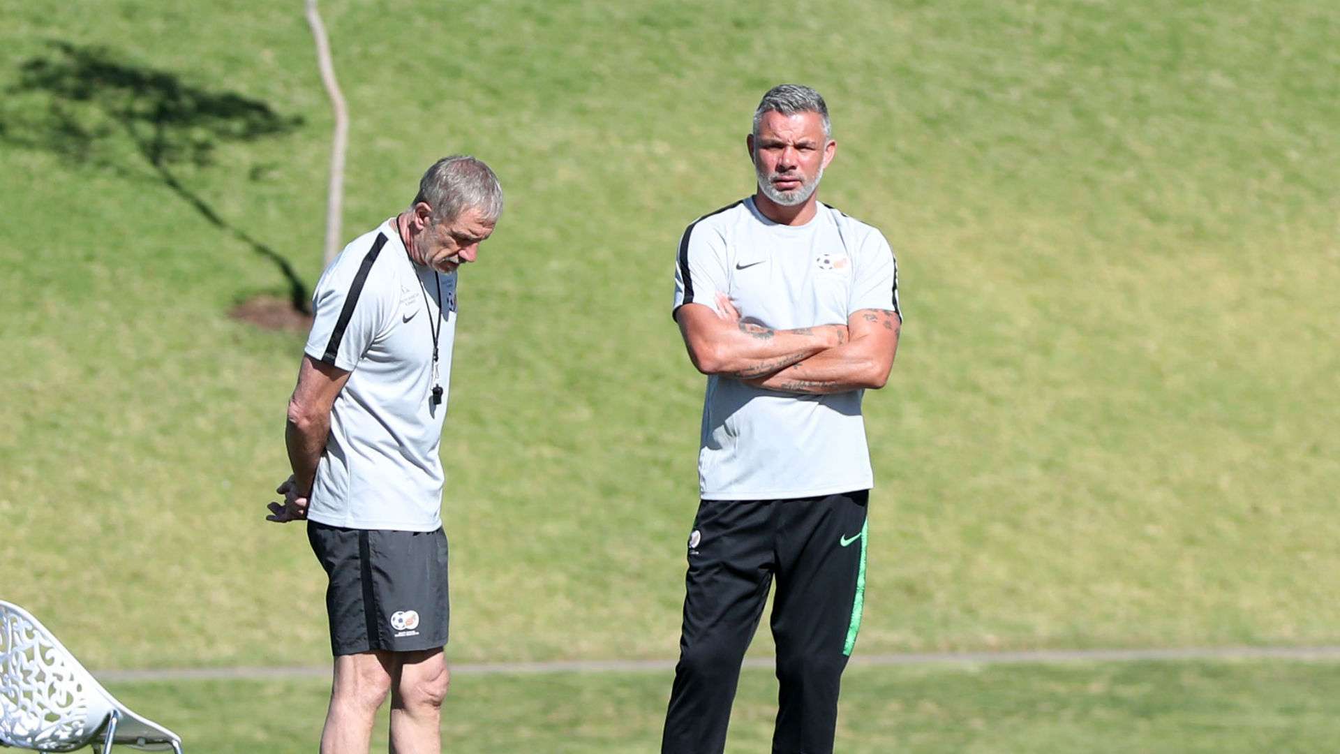 South Africa coach Stuart Baxter and Mark Fish June 18