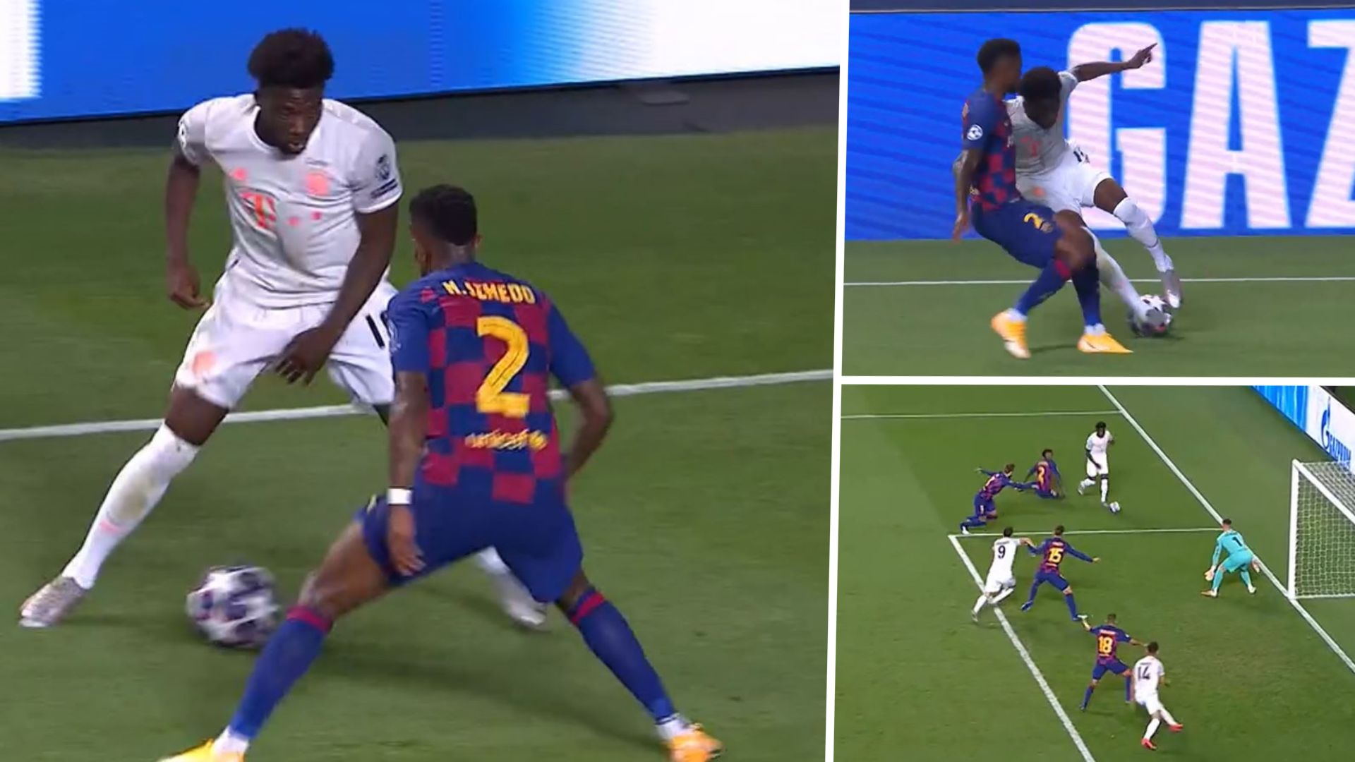 ALPHONSO DAVIES DRIBBLING ASSIST BARCELONA DRIBBLING CHAMPIONS LEAGUE