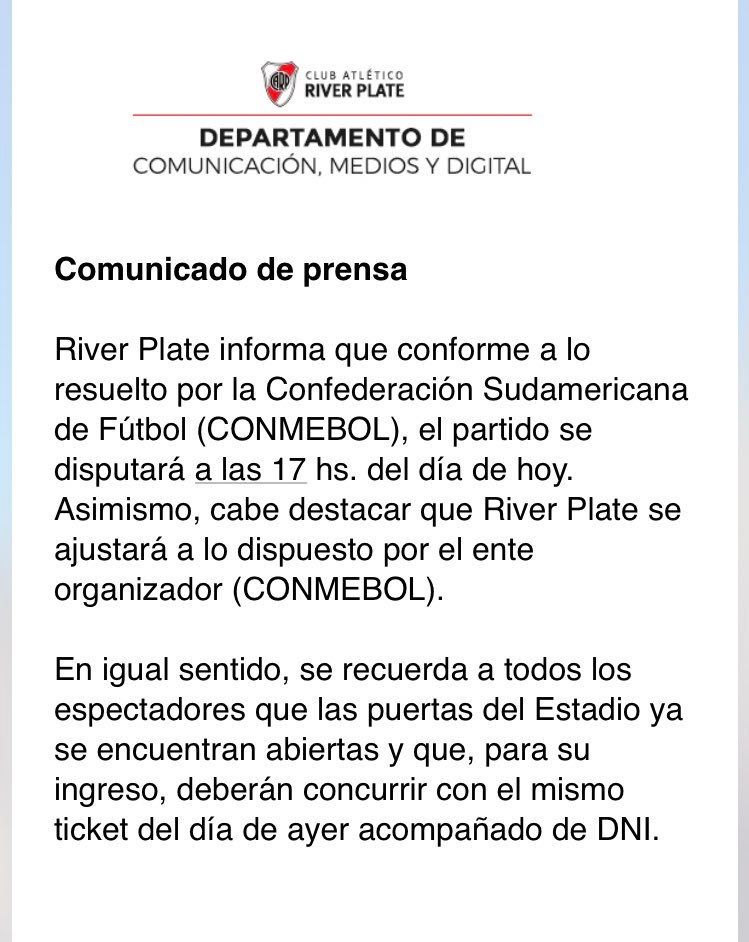 Comunicado River confirmacion se juega Superclasico