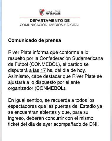 Comunicado River confirmacion se juega Superclasico