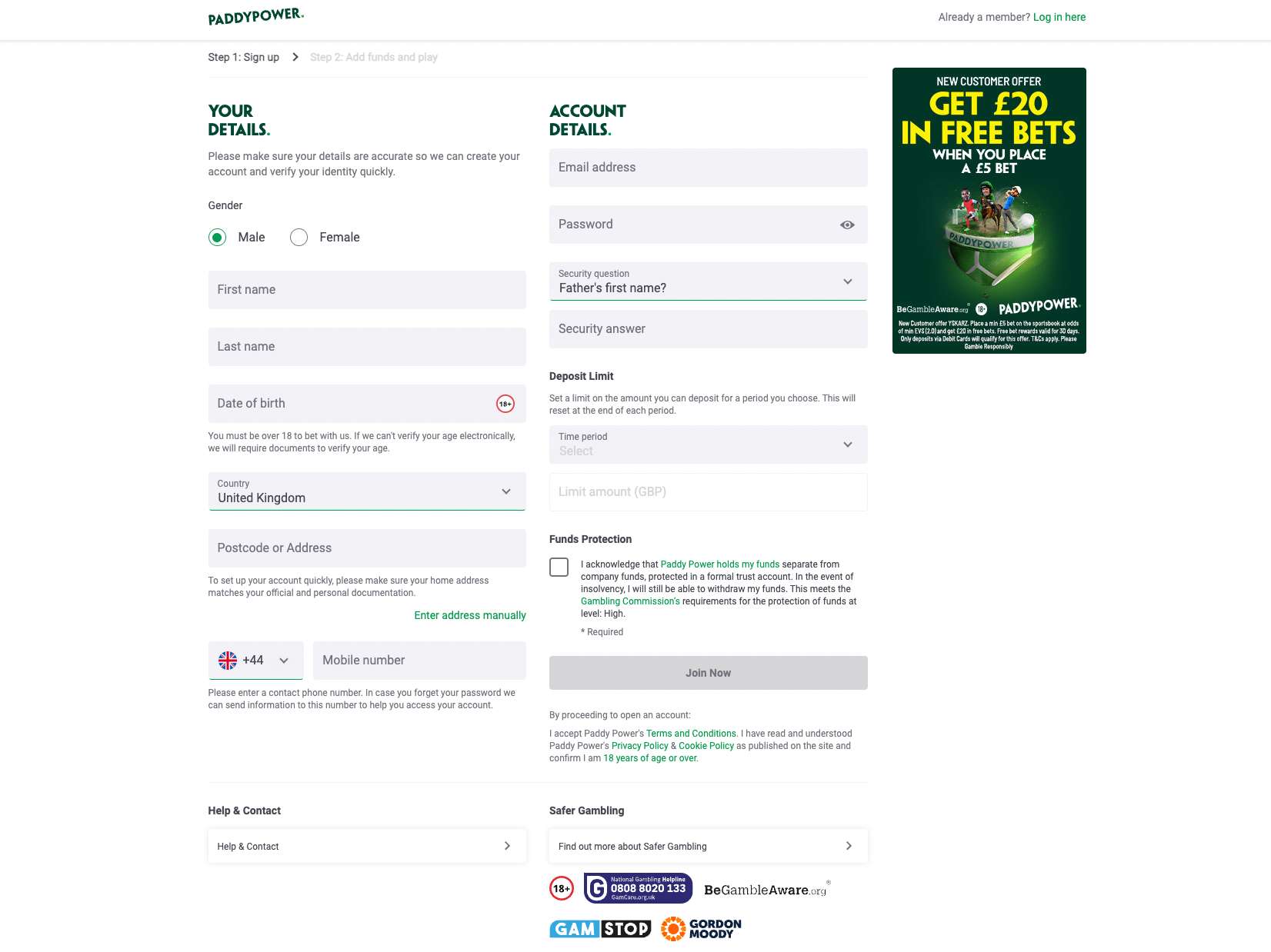 Paddy Power Sign Up Page 