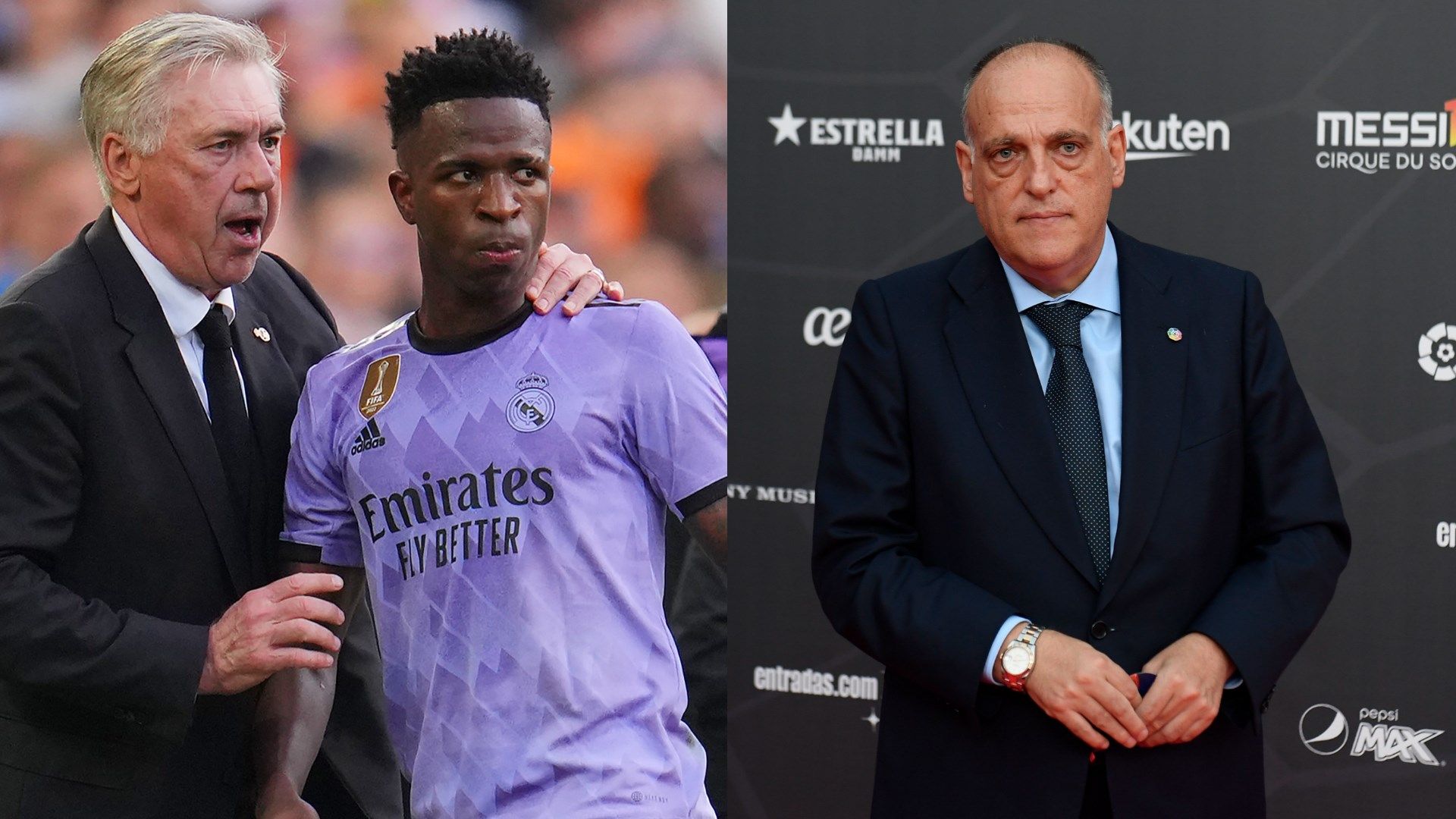 Carlo Ancelotti Vinicius Junior Javier Tebas GFX