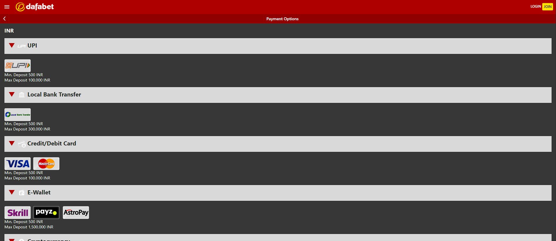 dafabet Payment Methods