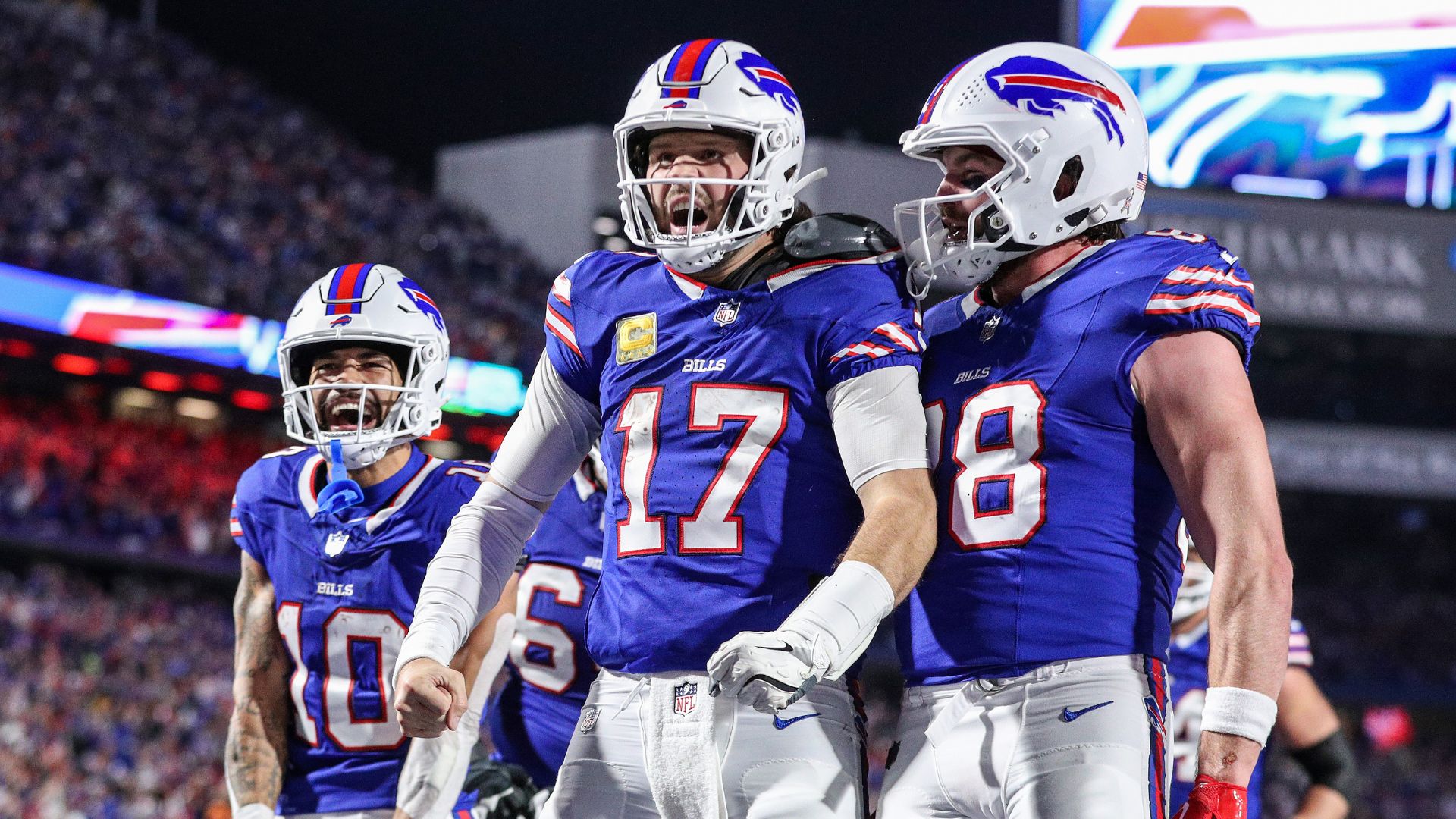 osh Allen #17 of the Buffalo Bills celebrates his rushing touchdown