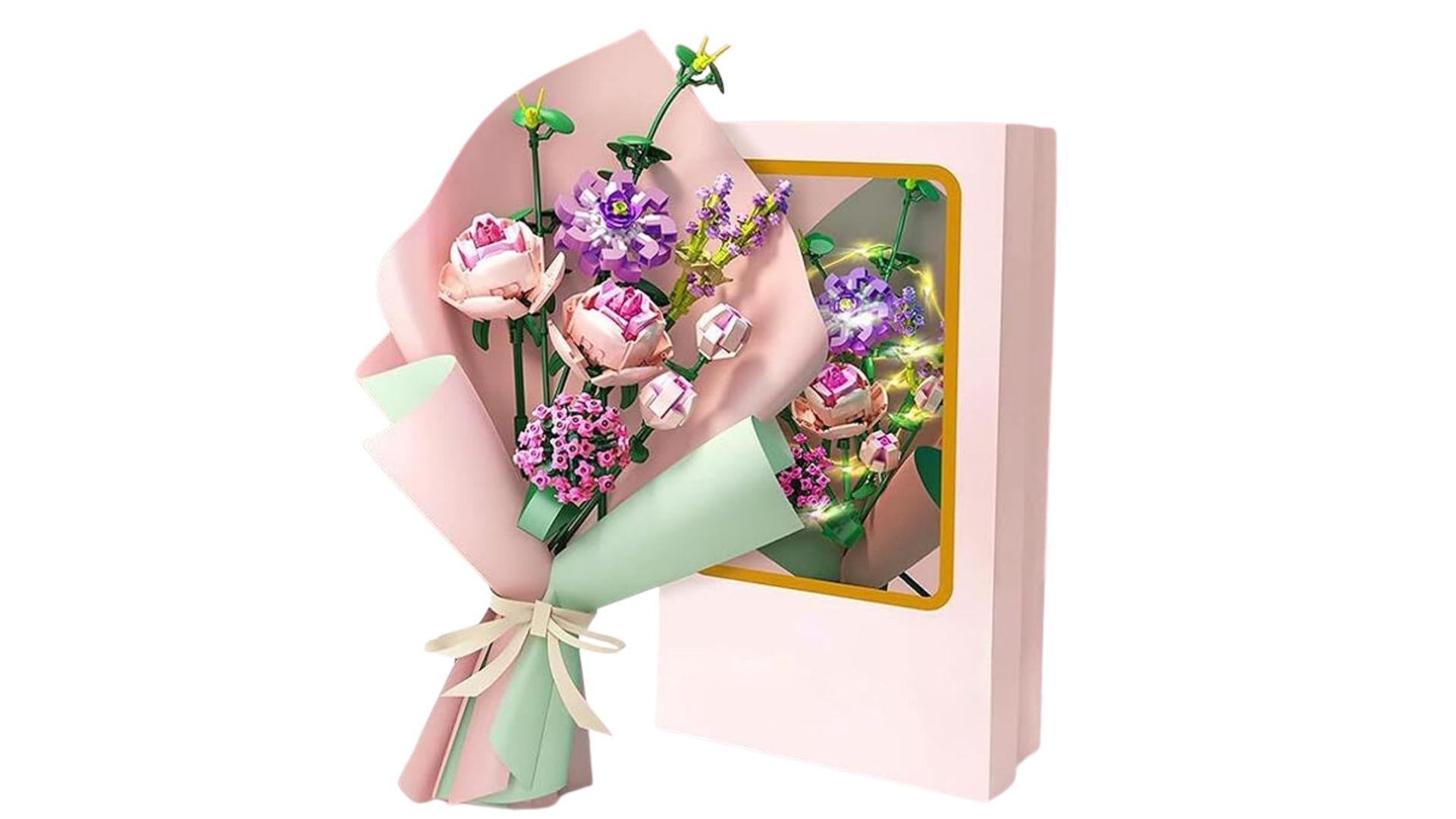 مجموعة بناء باقة الزهور من ازوني، زهور صناعية فريدة من نوعها مع ضوء LED وورق تغليف وبطاقة، مجموعة باقة زهور ابداعية تصنعها بنفسك - هدايا مثالية لعيد ميلاد الفتيات البالغات والاطفال (413 قطعة)