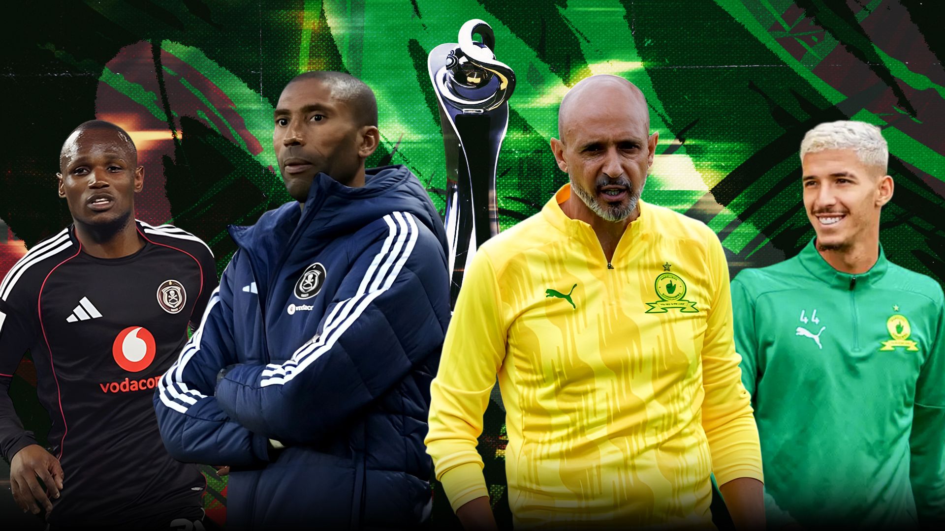 Miguel Cardoso & Arthur Sales of Mamelodi Sundowns, Abdeslam Ouaddou & Kamogelo Sebelebele 16-9