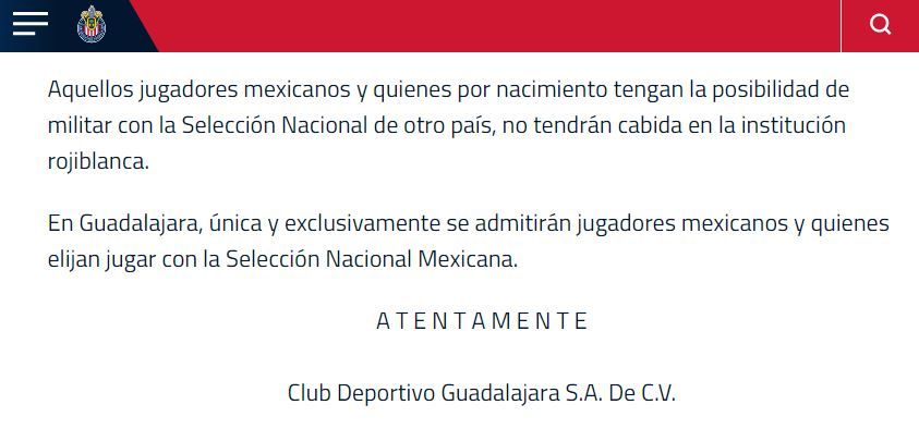 Comunicado de Chivas en 2012 sobre jugadores seleccionables para el club