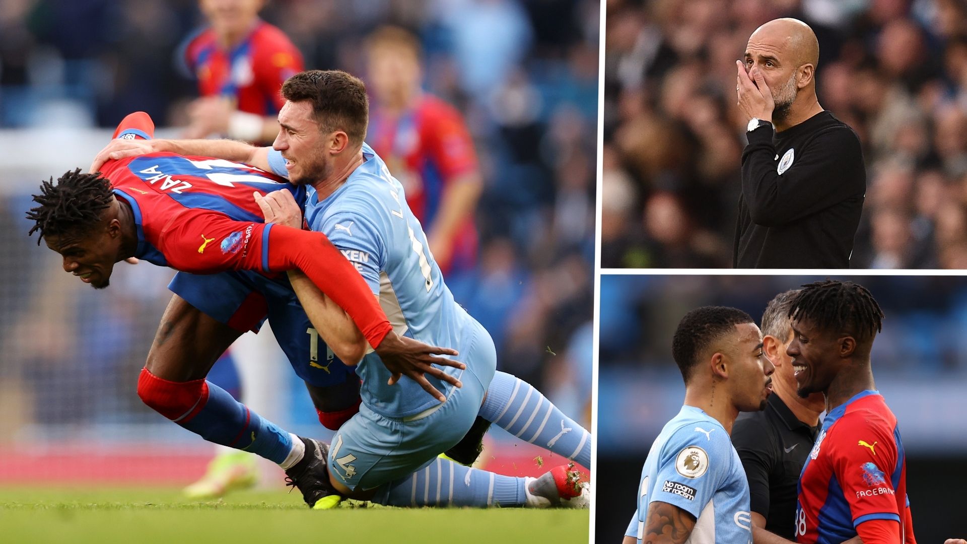 Wilfried Zaha Aymeric Laporte Pep Guardiola Gabriel Jesus Man City Crystal Palace Premier League 2021-22 GFX