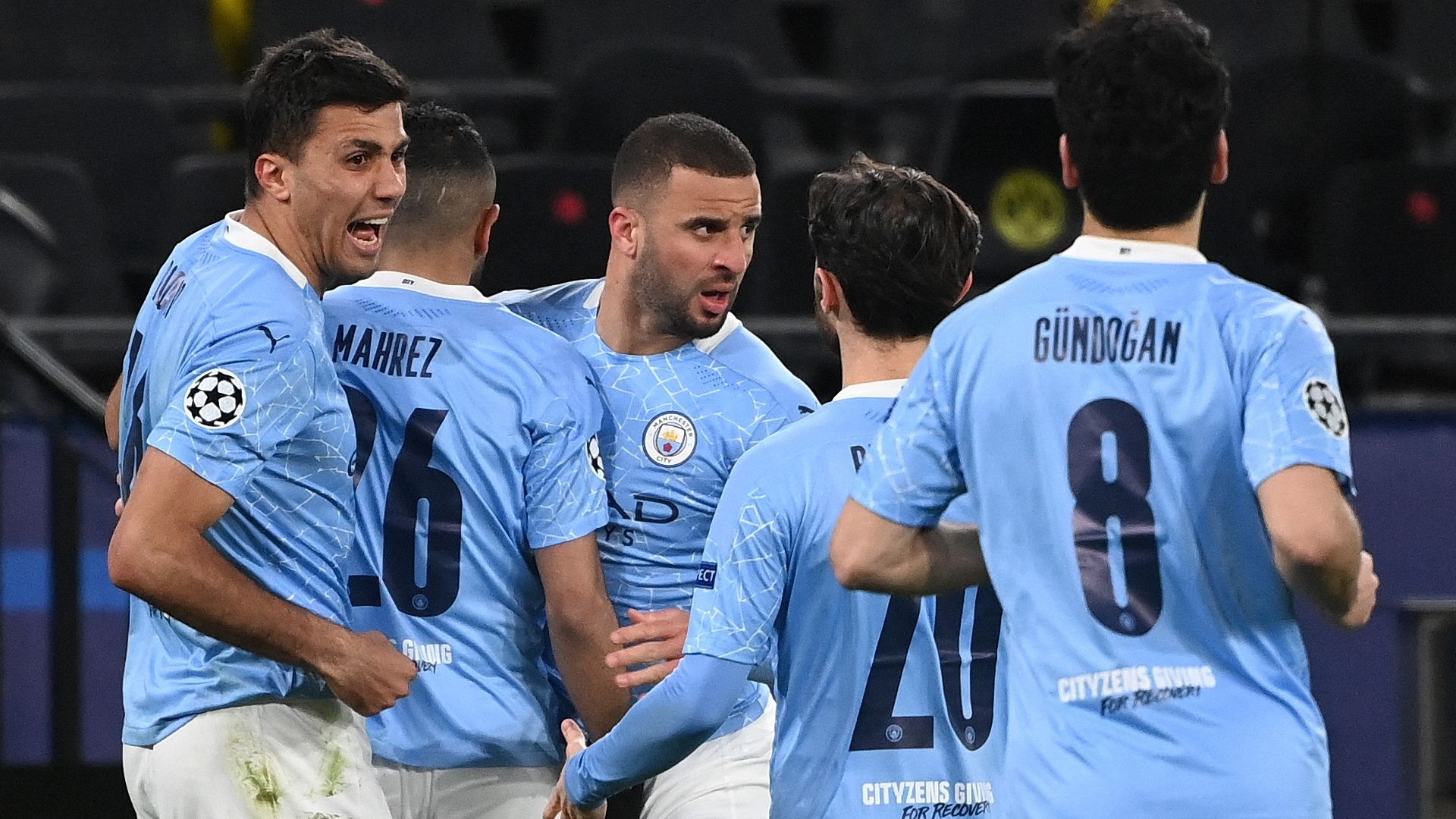 Man City celebrate Mahrez penalty vs Dortmund